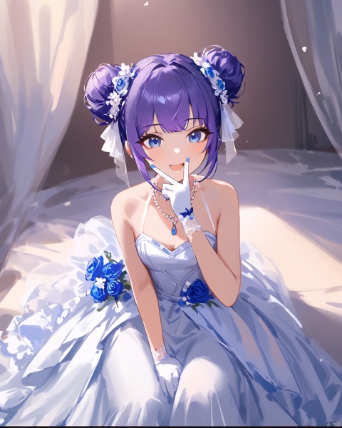 (card (medium))
by ningen mame ,by ciloranko,by sho (sho lwlw) , 1girl, blue eyes, double bun, hair bun, purple hair, wedding dress, white gloves, sleeveless, nail polish, bangs, blue nails, small breasts, redgemnecklace,, sitting, arm support, smile, detailed,amazingquality, snclstyle,blurry_background,blurry_foreground,shiny,2.5d,>o<,blush,v over mouth,wlop,watercolor,ray tracing
