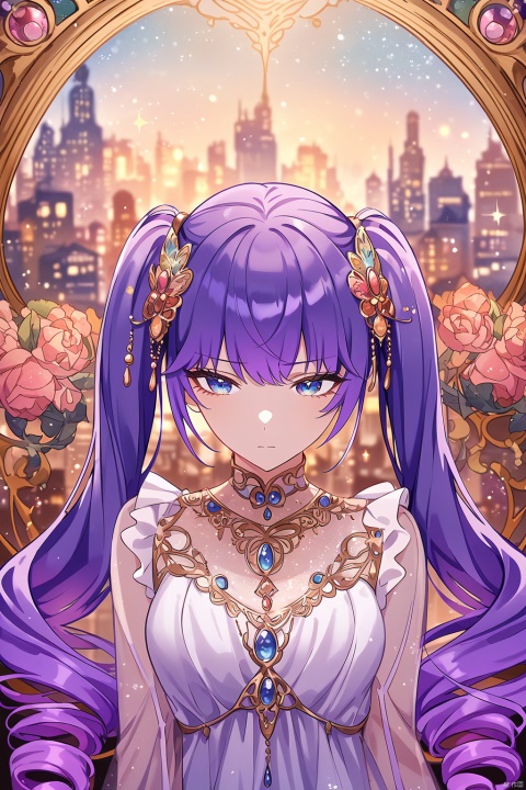 very aesthetic,aesthetic,amazing quality,best quality,hight,hight quality,masterpiece,,snclstyl,beautiful detailed eyes,gentle eyes BREAK
,long hair,purple hair,blue eyes,twintails,dress,see-through,hair ornament BREAK
(blurry),(blurry_foreground),(depth_of_field),wallpaper,highres,colorful,Cinematic Lighting,lens flare,looking_away,head_down,upper body,traditional_media,(mucha),(art nouveau),sparkle,starry,pastel color,watercolor,shiny,drill hair, snclstyle,city,glow,watercolor_(medium)