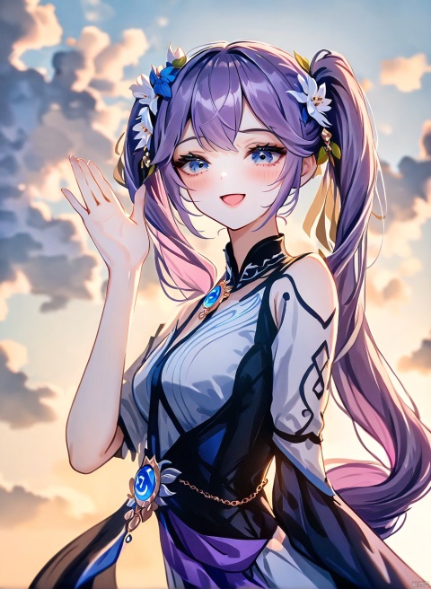 highres absurdres,masterpiece,bestquality,higher quality,best quality,blush, 1girl, solo,long hair,purple hair, blue eyes, hair flower, small breasts, very long hair, bangs,aesthetic,very aesthetic,best quality,hight quality,hight,flowers,sky,clouds,wind,smile,vision,newst,  upper body, , dynamic angle,  waving, :d, blinking,looking_at_viewer,twintails,