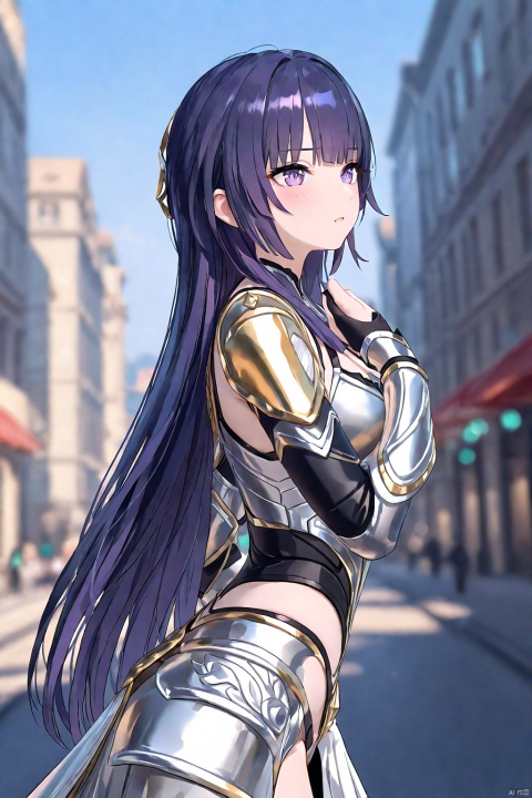 anime,anime color,impasto,4th clothes, shiyuan, Lady Cuirass-Skirt Armor, (Metal armor, Metallic clothes), 1girl, raiden mei, long hair, purple eyes, purple hair, bangs,clean coloring,masterpiece,best quality,high quality, snclstyle,blush,ray tracing, amazing quality,upper body,from side,blurry foreground,blurry background,city,watercolor