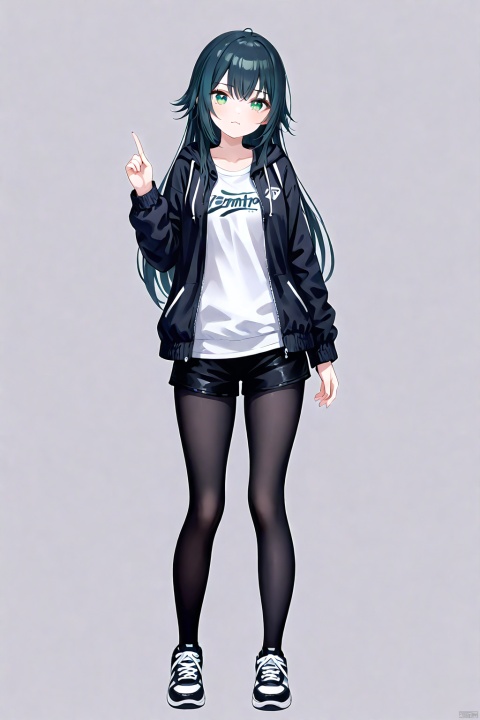 clean color,temari tsukimura,temari four,raising a finger,1girl,green eyes,long hair,black hair,shoes,sneakers,hoodie,open clothes,white shirt,open jacket,black shorts,black pantyhose,clothes writing,long sleeves,detailed face,(simple background),(white background),(upper body) BREAK beautiful color,detailed,best quality,amazing quality,very aesthetic,colorful,masterpiece,look at viewer,best quality,snclstyle,cowboy shot,:3,full body,chibi,middle breasts,