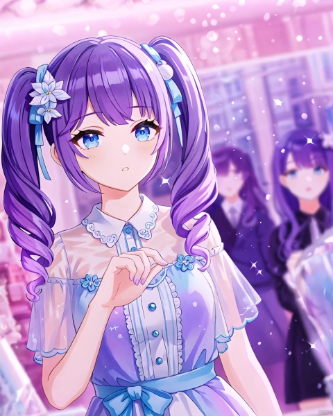 very aesthetic,aesthetic,amazing quality,best quality,hight,hight quality,masterpiece,,snclstyl,beautiful detailed eyes,gentle eyes BREAK
,long hair,purple hair,blue eyes,twintails,dress,see-through,hair ornament BREAK
(blurry),(blurry_foreground),(depth_of_field),wallpaper,highres,colorful,Cinematic Lighting,lens flare,upper body,traditional_media,sparkle,starry,pastel color,watercolor,shiny,drill hair, snclstyle,city,glow,Hazy light, PVC