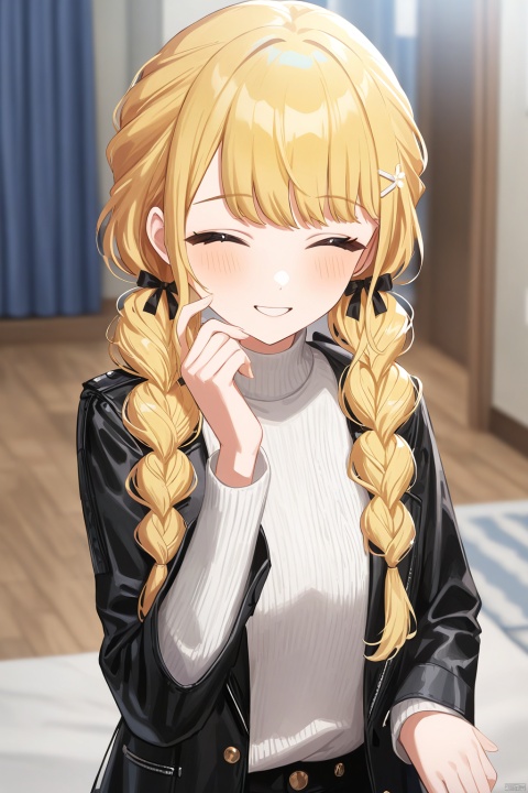 impasto,(closed eye),cute face,artist:liduke,artist:reoen,artist:kyusoukyu,artist:konya karasue,artist:wanke,rella, helema, solo,looking at viewer,blush,indoors,bangs,long sleeves,hair ornament,sweater,parted lips,black jacket,turtleneck,turtleneck sweater,curtains,hand on own face,smile,white sweater,open clothes,hairclip, (beautiful color,detailed,best quality,amazing quality,very aesthetic:1.5),kotone fujita,1girl,braid,twin braids,long hair,blonde hair,,brown eyes,