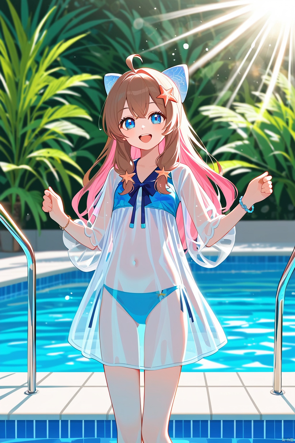 (score_9,score_8_up,score_7_up),style_1,style_2,style_3,style_4,masterpiece,best quality,amazing quality,anime,anime color,1girl,swimsuit,blue eyes,long hair,brown hair,ahoge,pink hair bow,bracelet,starfish hair ornament,see-through,see-through sleeves,shortsleeves,Anime style, cinematic shot of a girl playing joyfully in a swimming pool, dynamic and energetic, with beautiful detailed eyes, sun-kissed skin, surrounded by the cool blue water of the pool, splashing water with a sense of fun, bright sunlight casting a warm glow, tropical plants adding to the lively setting, (best quality, 4k, 8k, highres, masterpiece:1.2), ultra-detailed, realistic, , vibrant colors, sharp focus, dynamic lighting, high contrast, anime portraits, outdoor summer scene, cheerful mood, youthful energy, clear water with sparkling reflections, playful water splashes, sunny and bright anime art, cinematic composition, film grain, depth of field, (happy:1.1), (joyful:1.1), (carefree:1.1), (youthful:1.1), (swimming pool:1.3), (sunlight:1.3), (anime vibrant:1.2), (colorful:1.2), (anime realism:1.2), (anime high-definition:1.2), (anime joyful expression:1.2), (cinematic lighting:1.3), (filmic look:1.3)