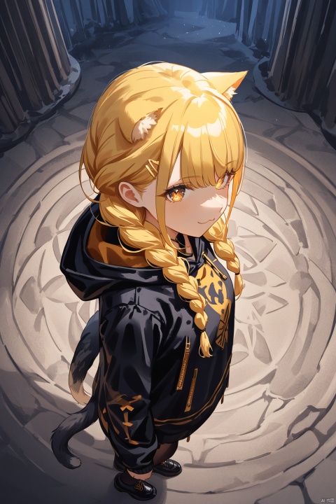 masterpiece,amazing quality,best quality,impasto,kotone fujita,kotone one,1girl,braid,twin braids,long hair,blonde hair,brown eyes,A mysterious female cat girl, donning dark canvas clothes and a hood, stands proudly in a dimly lit dungeon. Her war mask gleams with an otherworldly intensity as she grasps the power of mystical runic tattoos. Her glowing eyes seem to pierce through the shadows, surrounded by silver ornaments that adorn her feline features. In the background, a dimensional portal pulsates with energy, while a bailing robot looms in the distance, its metallic body reflecting the eerie glow. look at viewer, featuring a bird's silhouette and long tail. The air is charged with sensual danger as she stands before a runic circle, her very presence seeming to defy the boundaries of time and space.watercolor,beautiful color,(upper body),from above,:3