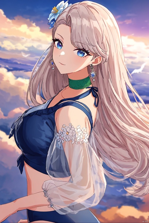 (impasto),watercolor,((artist:houk1se1)),(artist:modere),solo,((amazing quality)),1girl,white hair,blue eyes,long hair,lasymmetrical bangs,hair behind ear,white earrings,bikini,blue swimsuit,white hair flower,green choker,see-through sleeves,blush,upper body,look at viewer , from side,(beautiful color,detailed,best quality,very aesthetic:1.2),cowboy shot,bird,sky,cloud,wind,floating,ray tracing,depth of field,lighting and shadow,((perspective)),(lighting particles),colorful,snclstyle, as style, line art,line style
