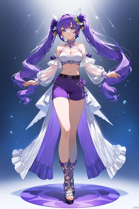 (score_9,score_8_up,score_7_up),style_1,style_2,style_3,style_4, glow,masterpiece,best quality,amazing quality,beautiful detailed,4K,very aesthetic,beautiful color,1girl, twintails, solo, blue eyes, purple hair, grapes hair ornament, white crop top, purple shorts, long hair, bangs, spikes, breasts, spikedcollar,full body