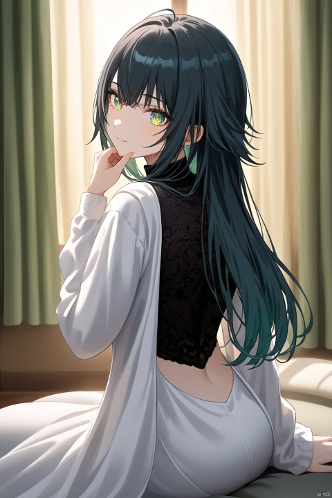 A whimsical artwork captures Temari Tsukimura's endearing features: ringed eyes sparkle with a warm smile, and her head tilts slightly as she waves at the viewer. Her long black hair cascades down her back, framing her heart-shaped face. Green eyes shine like emeralds, illuminated by soft lighting within a cozy indoor setting. Curtains parted, revealing a serene atmosphere, Temari sits comfortably in a subtle pose, wearing a black turtleneck sweater and white long sleeves. A delicate ornament adorns her hair, complementing the textured brushstrokes of her impasto-inspired artwork. Her hand gently rests on her cheek, inviting the viewer to connect with her gentle charm.