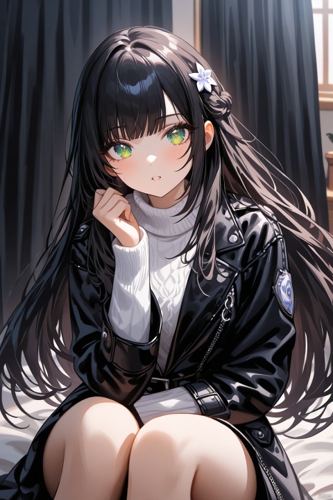 A stunning impasto artwork featuring a charming, cute-faced girl looking directly at the viewer with a gentle blush on her cheeks. She sits indoors, surrounded by flowing black curtains, wearing a long-sleeved white sweater adorned with a hair ornament and parted lips. Her bangs frame her face, which is partly obscured by her hand. She sports a black jacket over a turtleneck sweater, complete with a green-eyed gaze and long, dark locks. The overall aesthetic is breathtaking, with vibrant colors and detailed features that seem to leap off the page.