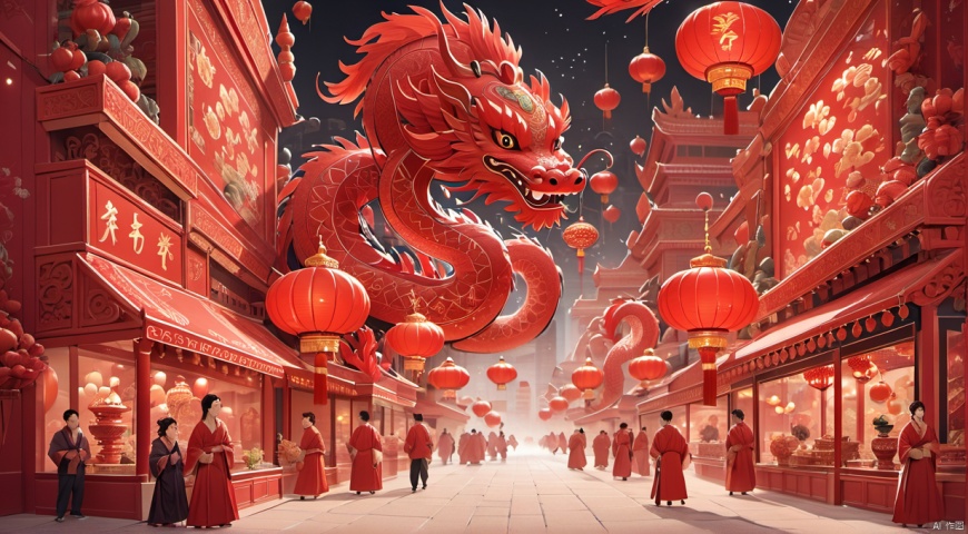  illustration, Chinese dragon, easten dragon,red theme, lantern, Chinese architecture street, night,Dine together,Crowds, meals, celebrations, newyear style