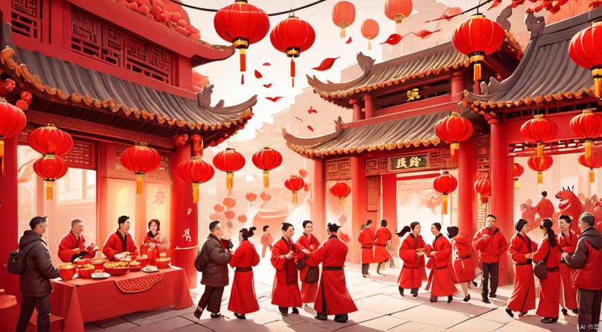  Illustration,, red theme, lantern, Chinese architecture street, night,Dine together,Crowds, meals, celebrations, white tiger, poakl cartoon newyear style