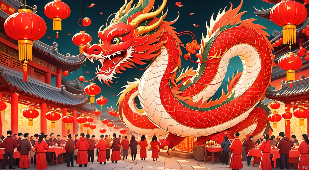  , Chinese dragon, red theme, lantern, Chinese architecture street, night,Dine together,Crowds, meals, celebrations,  poakl cartoon newyear style