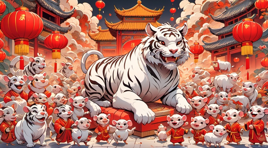  Illustration, animal
, red theme, lantern, Chinese architecture street, night,Dine together,, meals, celebrations, white tiger, poakl cartoon newyear style,Monkeys, rats, pigs, chickens, dogs, snakes, sheep, cows, horses, rabbits