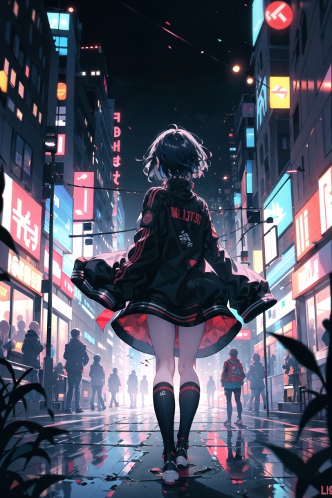 1girl, solo, from behind, walking, blurry, short hair, jacket, city, long sleeves, black hair, facing away,looking back, arms at sides, blurry background, depth of field, neon lights, building, city lights, watermark, outdoors, feet out of frame, night