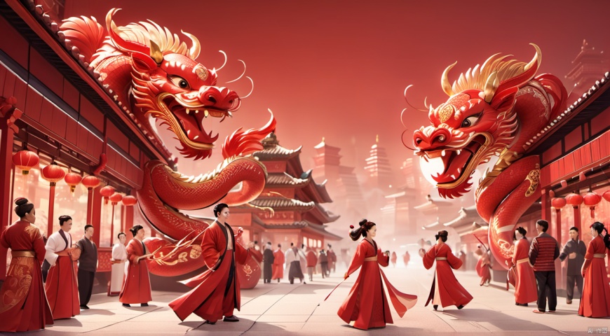  illustration, Chinese dragon, easten dragon,red theme, lantern, Chinese architecture street, night,Dine together,Crowds, meals, celebrations, newyear style, white tiger