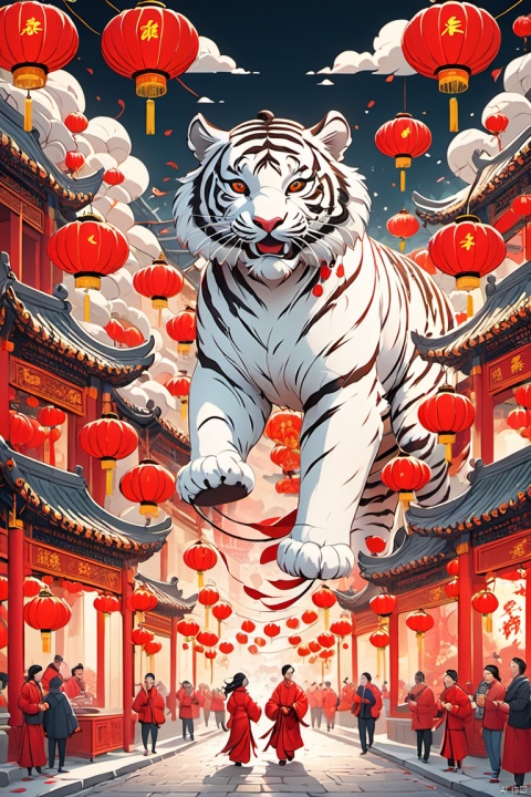  Illustration,  red theme, lantern, Chinese architecture street, night,Dine together,Crowds, meals, celebrations, white tiger, poakl cartoon newyear style,gaint