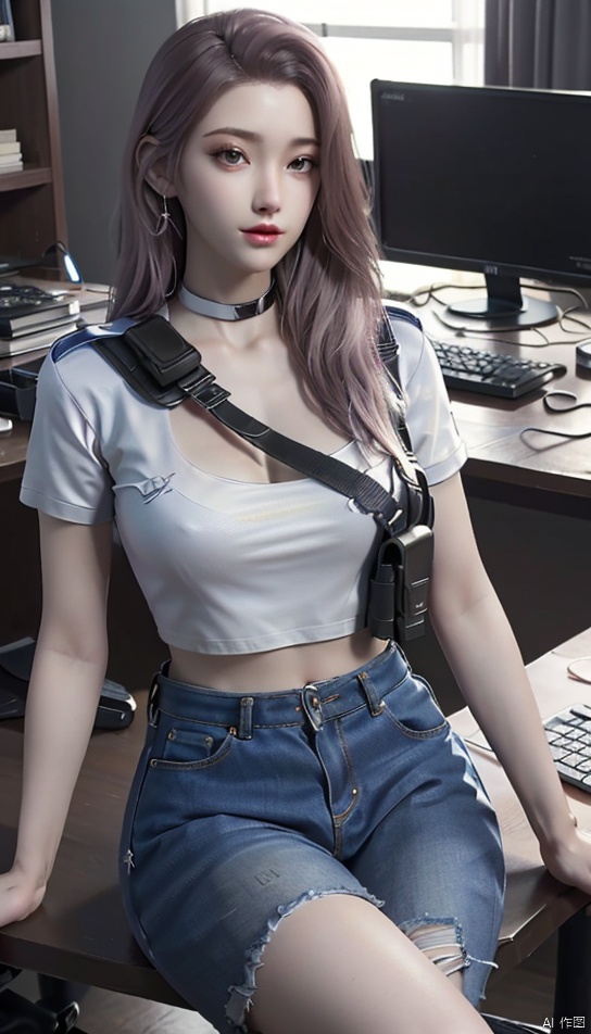  1girl, solo, masterpiece, E-sports table, Computer room, (best quality), official art, extremely detailed cg 8k wallpaper, (extremely delicate and beautiful), solo, realistic, photo_\(medium\), , hiqcgbody,white T-Shirt,short jeans, bare thigh,youyou
