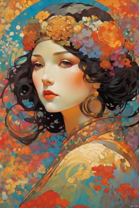 (abstract background:0.5), expressionism, digital art, colorful background, absurdist highly detailed, brush strokes, acrylic paint, pointilism, muted colors, by satoshi kon, by alphonse mucha, by raphael,  