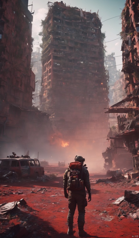 post-apocalypse world, lost people, melancholy, dystopia, postapocalyptic, by greg rutkowski and thomas kinkade, trending on artstation, 3d render octane, unreal engine, 4k, 8k, hd, highly detailed, full color, digital art, red colors. beeple very expressive detailed image in the style of james gurney. masterpiece. rendered in octane,