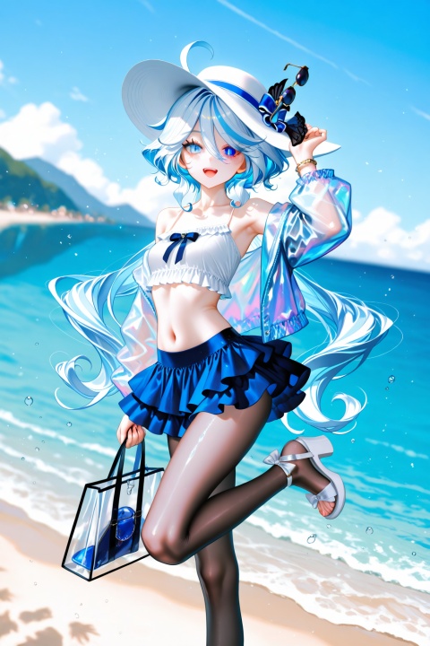 black pantyhose,masterpiece,highres,absurdres,newest,best quality,high quality,chromatic_aberration,shiny_skin,
//,
1girl, furina (genshin impact), hat, off shoulder, solo, long hair, stomach, multicolored hair, navel, smile, blue eyes, skirt, shirt, thighs, blue hair, looking at viewer, outdoors, crop top, alternate costume, miniskirt, standing, foot out of frame, arm up, open mouth, bare shoulders, off-shoulder shirt, midriff, sandals, jewelry, holding, bag, white shirt, streaked hair, white hair, standing on one leg, :d, jacket, bracelet, breasts, legs, ahoge, beach, spaghetti strap, toenails, toes, bare legs, unworn eyewear, water, open clothes, sun hat, small breasts, collarbone, white footwear, leg up, frills, hat flower, two-tone hair, mismatched pupils, light blue hair, very long hair, layered skirt, ocean, frilled skirt, bow, open jacket, blue skirt, flower, hair between eyes, white bow, sunglasses, strappy heels, see-through, day, sky, heterochromia, holding bag, white headwear, long sleeves, teeth
//,
(chen bin:0.5),konya666,(hiten \(hitenkei\):0.4),(rimuu:0.5),(mignon:0.5),(sheya:0.6),[iumu],
//,
official art,depth of field,detailed light,blurry background,best shadow,shiny skin,cinematic lighting,ray tracing,amazing quality,very aesthetic,absurdres,beast quality,ultra detailed,newest,8K,HDR,
