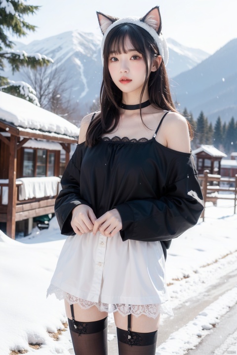  1 girl, Bangs,Black silk stockings,lace,dress,outdoor,snow mountain,snowflake,cat ear headdress