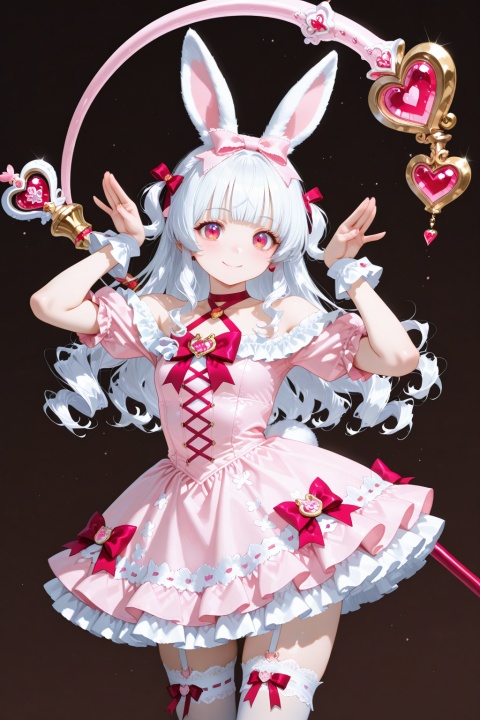(masterpiece, best quality, ultra-detailed:1.3), 1girl, magical girl, bunny ears, rabbit tail, sweet lolita, extremely cute healing style, no street fashion, fluffy white hair, long curly hair with micro-bangs, ruby eyes, off-shoulder pastel pink bunny lolita dress with fluffy pom-poms, lace-up thigh-high stockings, no wand, no staff, hands doing cute bunny ear pose, adorable smiling, strong color contrast, deep chocolate brown background