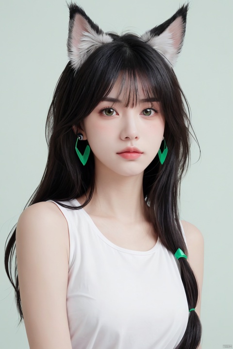 1 girl, animals'ears with hair, animals'ears with bangs, just shoulders, black hair, blushing, breasts, c in ears, closed mouth, eyebrows visible through hair, green eyes, gray background, hair between eyes, Carrile_ (Lord Connected!), long hair, looking at the audience, medium breasts, colorful hair, shirt, simple background, sleeveless, sleeveless shirt, alone, upper body, White background, white shirt,