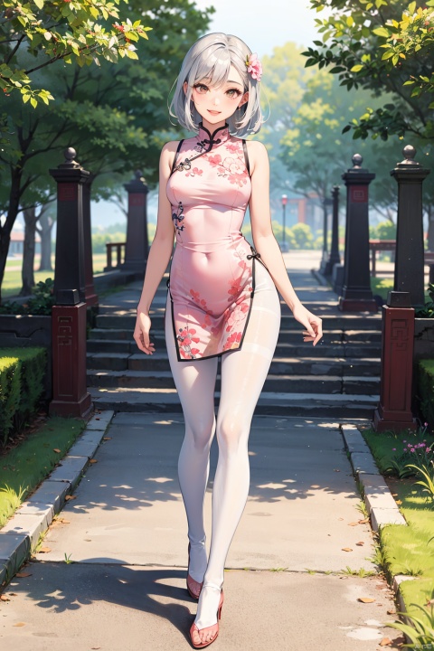 Masterpiece, the best, 1 woman, full body photo, ancient Chinese style, silver hair, slender legs, smile, white pantyhose, lace edge of pantyhose, light pink lips, embroidered dress, standing, outdoor