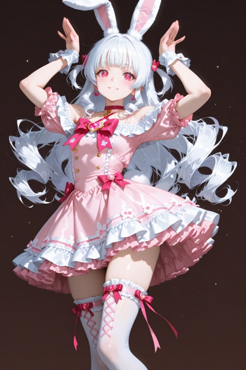 (masterpiece, best quality, ultra-detailed:1.3), 1girl, magical girl, bunny ears, rabbit tail, sweet lolita, extremely cute healing style, no street fashion, fluffy white hair, long curly hair with micro-bangs, ruby eyes, off-shoulder pastel pink bunny lolita dress with fluffy pom-poms, lace-up thigh-high stockings, no wand, no staff, hands doing cute bunny ear pose, adorable smiling, strong color contrast, deep chocolate brown background