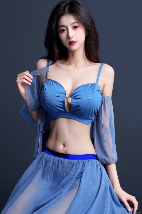  (1 girl), (blue dress), navel exposed top, abdomen, (large chest)