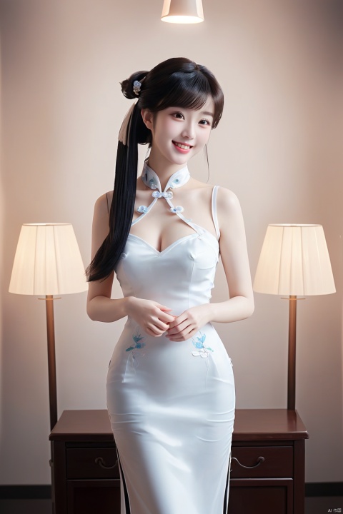 (Masterpiece, best quality), shape, super detailed, 8k, realistic, sharp focus, very detailed, professional lighting, spotlight, colorful details, detailed texture, a peerless beautiful girl wearing transparent qipao clothes, (most suitable hairstyle: 1.4), (most helpful posture: 1.3), (half body photo: 1.4), large breasts, perfect style, body, 18 year old, smile