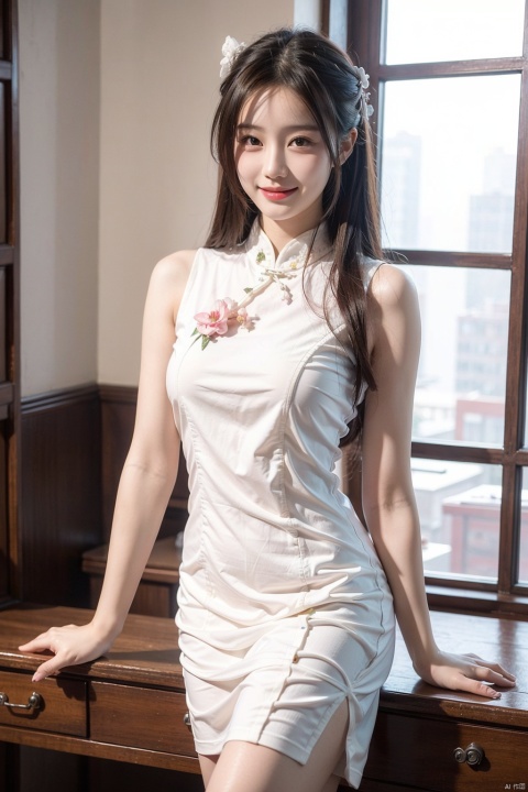 (Masterpiece, best quality), shape, super detailed, 8K, very detailed, colorful details, meticulous texture, a stunning girl wearing a qipao, long hair, big breasts, perfect style, body, 18 years old, smile