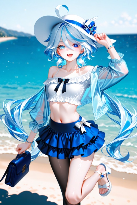 black pantyhose,masterpiece,highres,absurdres,newest,best quality,high quality,chromatic_aberration,shiny_skin,
//,
1girl, furina (genshin impact), hat, off shoulder, solo, long hair, stomach, multicolored hair, navel, smile, blue eyes, skirt, shirt, thighs, blue hair, looking at viewer, outdoors, crop top, alternate costume, miniskirt, standing, foot out of frame, arm up, open mouth, bare shoulders, off-shoulder shirt, midriff, sandals, jewelry, holding, bag, white shirt, streaked hair, white hair, standing on one leg, :d, jacket, bracelet, breasts, legs, ahoge, beach, spaghetti strap, toenails, toes, bare legs, unworn eyewear, water, open clothes, sun hat, small breasts, collarbone, white footwear, leg up, frills, hat flower, two-tone hair, mismatched pupils, light blue hair, very long hair, layered skirt, ocean, frilled skirt, bow, open jacket, blue skirt, flower, hair between eyes, white bow, sunglasses, strappy heels, see-through, day, sky, heterochromia, holding bag, white headwear, long sleeves, teeth
//,
(chen bin:0.5),konya666,(hiten \(hitenkei\):0.4),(rimuu:0.5),(mignon:0.5),(sheya:0.6),[iumu],
//,
official art,depth of field,detailed light,blurry background,best shadow,shiny skin,cinematic lighting,ray tracing,amazing quality,very aesthetic,absurdres,beast quality,ultra detailed,newest,8K,HDR,