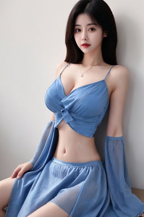  (1 girl), (blue dress), navel exposed top, abdomen, (large chest)