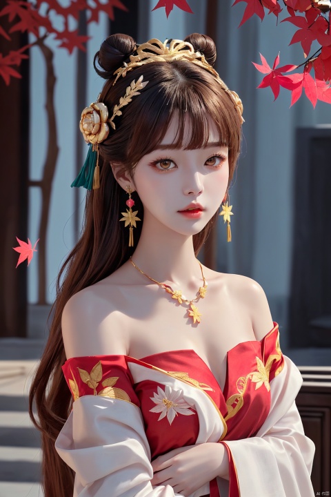Chinese classic, the girl wears a red off the shoulder Hanfu embroidered with patterns, golden eyes, red glass earrings, single hair bun, golden headdress, pink flowers, a light white necklace with red green gemstones, light blue leaves, red maple leaves, long hair, and bangs
