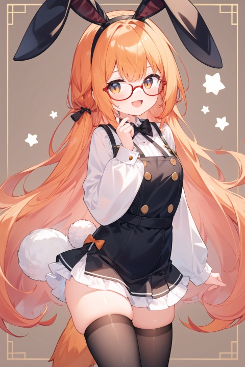  1girl, animal_ears, black-framed_eyewear, bow, brown_background, fake_animal_ears, glasses, long_hair, looking_at_viewer, open_mouth, orange_hair, rabbit_ears, rabbit_tail, sakura_futaba, smile, solo, tail
