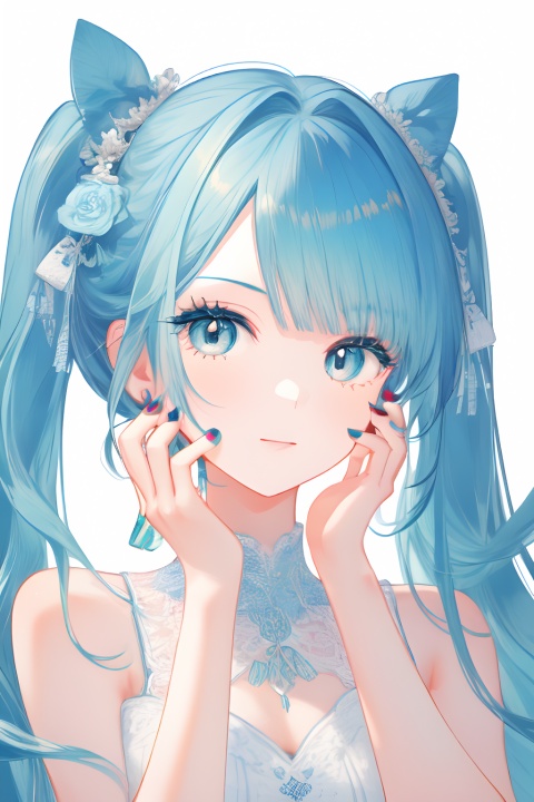 solo, 1girl, hatsune miku, portrait, simple background, upper body, close-up, looking at viewer, blue eyes, eyelashes, long hair, blue hair, aqua hair, bangs, bare shoulders, fingernails, nail polish, hand on own face, hands on own face
