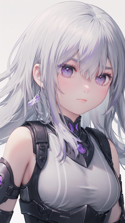 solo, 1girl, pseudo impasto, portrait, grey background, simple background, looking at viewer, covered mouth, grey eyes, purple eyes, long hair, floating hair, white hair, bangs, armor, bare shoulders, chromatic aberration, face