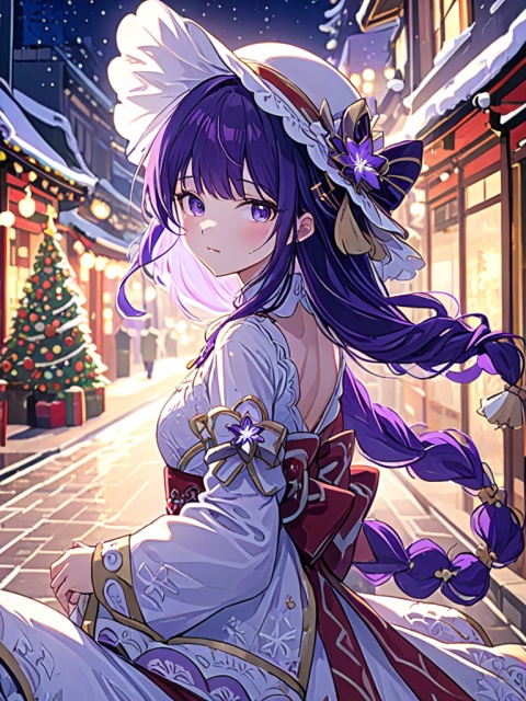 ultra-detailed,(best quality),((masterpiece)),(highres),original,extremely detailed 8K wallpaper,(an extremely delicate and beautiful),
anime,
1girl,raiden shogun,purple hair,solo,looking at viewer
BREAK
ambient occlusion,rim lighting,bustling,The streets at night wall in the Christmas,Red and green theme,Christmas dress,Christmas Hat,Christmas tree,Christmas elements,
