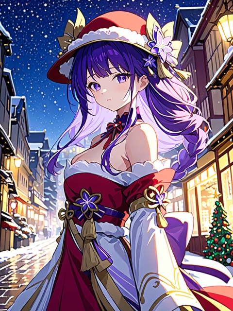 ultra-detailed,(best quality),((masterpiece)),(highres),original,extremely detailed 8K wallpaper,(an extremely delicate and beautiful),
anime,
1girl,raiden shogun,purple hair,solo,looking at viewer
BREAK
ambient occlusion,rim lighting,bustling,The streets at night wall in the Christmas,Red and green theme,Christmas dress,Christmas Hat,Christmas tree,Christmas elements,
