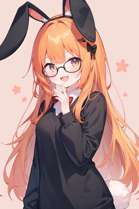  1girl, animal_ears, black-framed_eyewear, bow, brown_background, fake_animal_ears, glasses, long_hair, looking_at_viewer, open_mouth, orange_hair, rabbit_ears, rabbit_tail, sakura_futaba, smile, solo, tail
