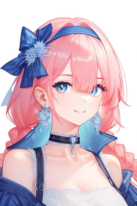 solo, 1girl, blue poison \(arknights\), blue poison \(shoal beat\) \(arknights\), portrait, white background, simple background, looking at viewer, smile, closed mouth, blue eyes, hair over one eye, pink hair, long hair, bangs, twin braids, hairband, bare shoulders, earrings, o-ring choker, pink choker, official alternate costume
