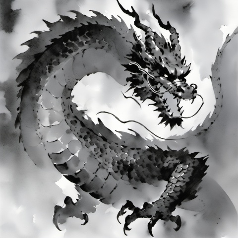  (\shui mo\), monochrome, greyscale, dragon, no humans, open mouth, teeth, monster, eastern dragon, smoke, fangs, sharp teeth