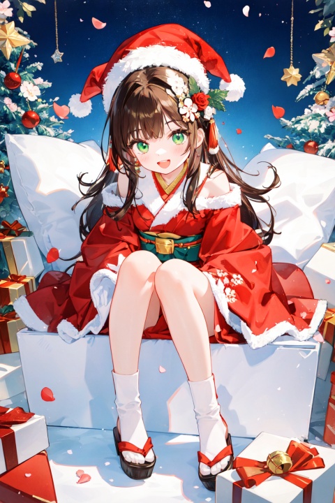  1girl, aerith_gainsborough, brown_hair, cherry_blossoms, confetti, falling_petals, floral_print, flower, green_eyes, hair_flower, hair_ornament, interlocked_fingers, japanese_clothes, jewelry, kimono, long_hair, looking_at_viewer, open_mouth, own_hands_together, petals, pink_dress, rose_petals, sandals, smile, solo, very_long_hair, presentbox,star hair ornament,gift box,jingle bell,santa costume,santa gloves,star hair ornament,christmas wreath,santa hat