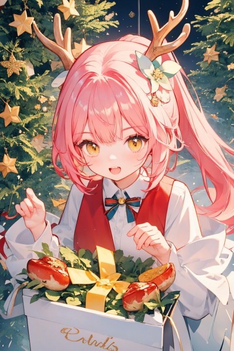  (loli),(petite),Pink hair,Yellow eyes,high ponytail,white collared shirt,hair flower,fipped hair,floating hair,(solo),(presentbox:1.4),jingle bell,(antler ornament:1.2),(star hair ornament:1.2)