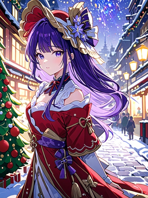 ultra-detailed,(best quality),((masterpiece)),(highres),original,extremely detailed 8K wallpaper,(an extremely delicate and beautiful),
anime,
1girl,raiden shogun,purple hair,solo,looking at viewer
BREAK
ambient occlusion,rim lighting,bustling,The streets at night wall in the Christmas,Red and green theme,Christmas dress,Christmas Hat,Christmas tree,Christmas elements,
