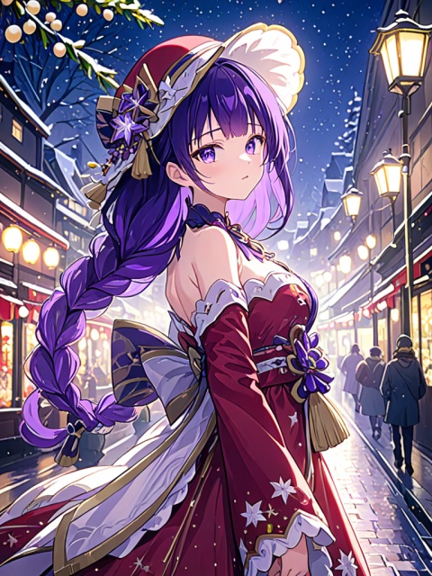ultra-detailed,(best quality),((masterpiece)),(highres),original,extremely detailed 8K wallpaper,(an extremely delicate and beautiful),
anime,
1girl,raiden shogun,purple hair,solo,looking at viewer
BREAK
ambient occlusion,rim lighting,bustling,The streets at night wall in the Christmas,Red and green theme,Christmas dress,Christmas Hat,Christmas tree,Christmas elements,

