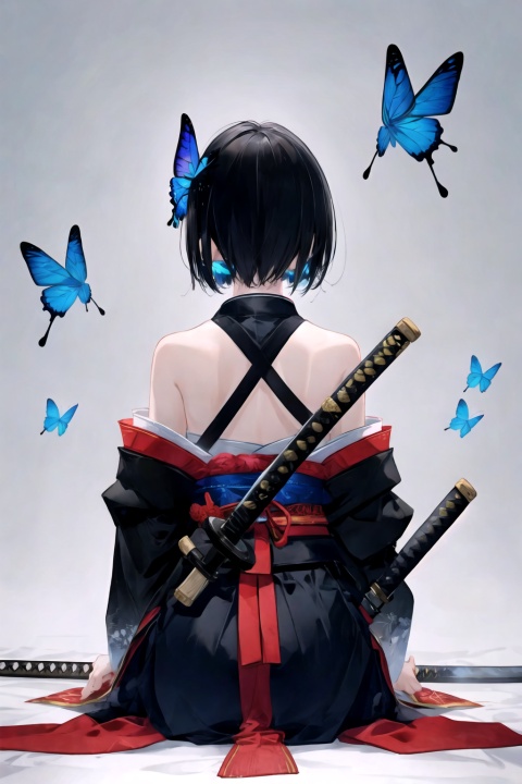 solo, 1girl, 1boy, demon slayer uniform, kochou shinobu, aesthetic, simple background, from behind, facing away, sitting, holding sword, butterfly hair ornament, black hair, short hair, gradient hair, clothes writing, black jacket, long sleeves, off shoulder, katana, haori, blue butterfly, butterfly print, animal, scabbard, sheathed