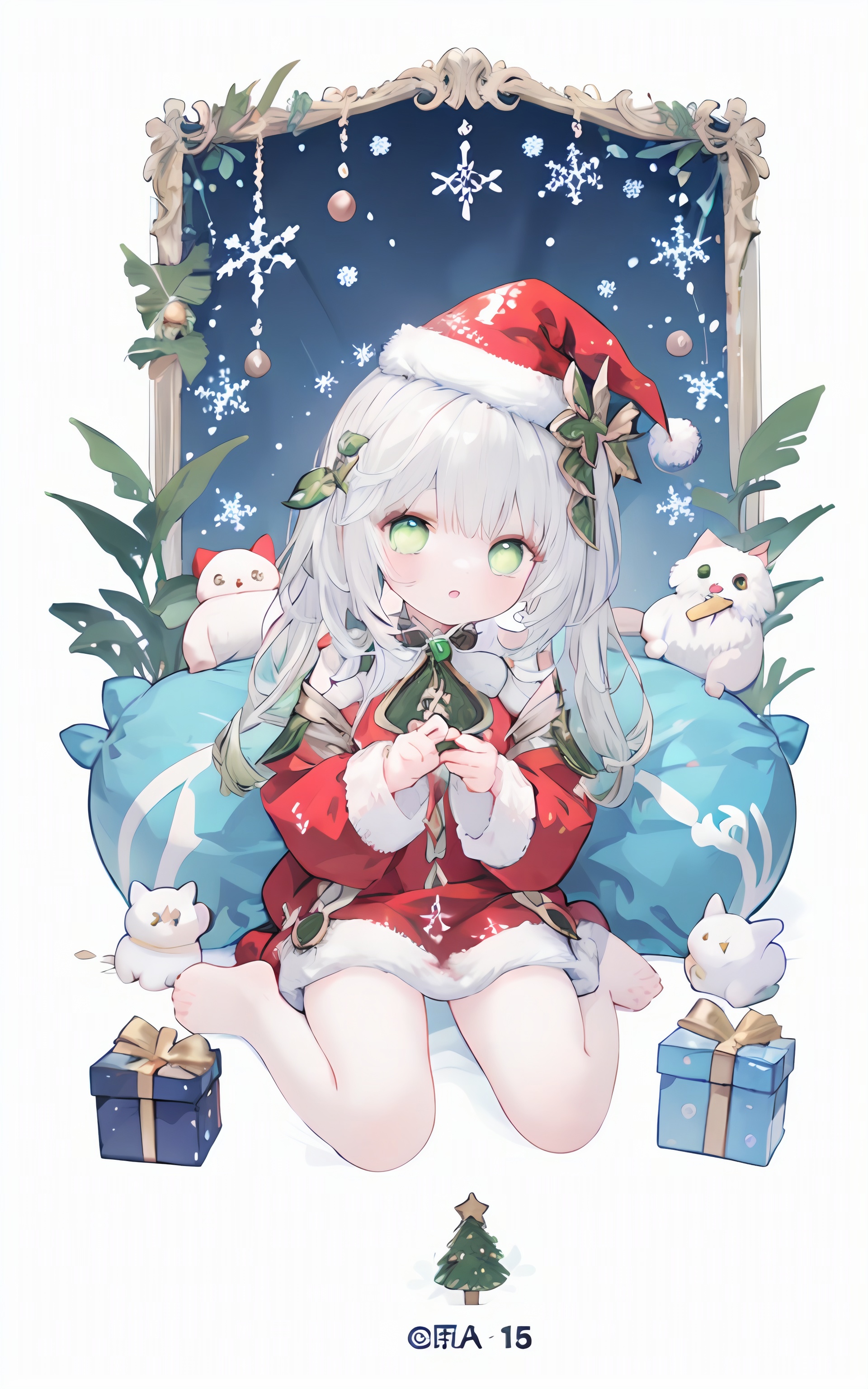  best_quality, extremely detailed details,loli,solo,1 girl,full_body,
pretty face,extremely delicate and beautiful girls,(beautiful detailed eyes),green_eyes,white_hair,very_long_hair,
Christmas,Christmas_tree,Christmas_dress,Santa's Hat,red_dress,
nahida (genshin impact), nahida (genshin impact)