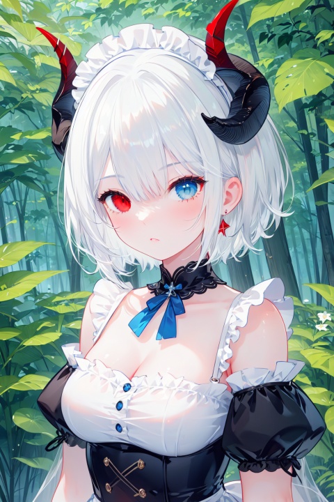  (detailed light),(an extremely delicate and beautiful),volume light,best shadow,cinematic lighting,flash,Depth of field,dynamic angle,Oily skin,(upper body),(solo:1.2),(short hair,white hair:1.3),((rem:0.7)+(miku:0.8)),has(2 red horns:1.2),(heterochromia<(red eyes, blue eyes)>),(black_white maid_outfit) (off shoulder) (frills:1.2),(in forest)